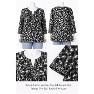 Susan Graver Womens 3X Liquid Knit Printed Top Teal Ruched Neckline 3/4 Sleeve